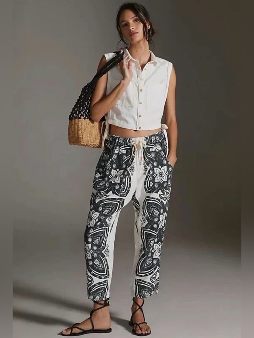 Pilcro Anthropologie Linen The Cottage Surf Pants Drawstring Black Cream